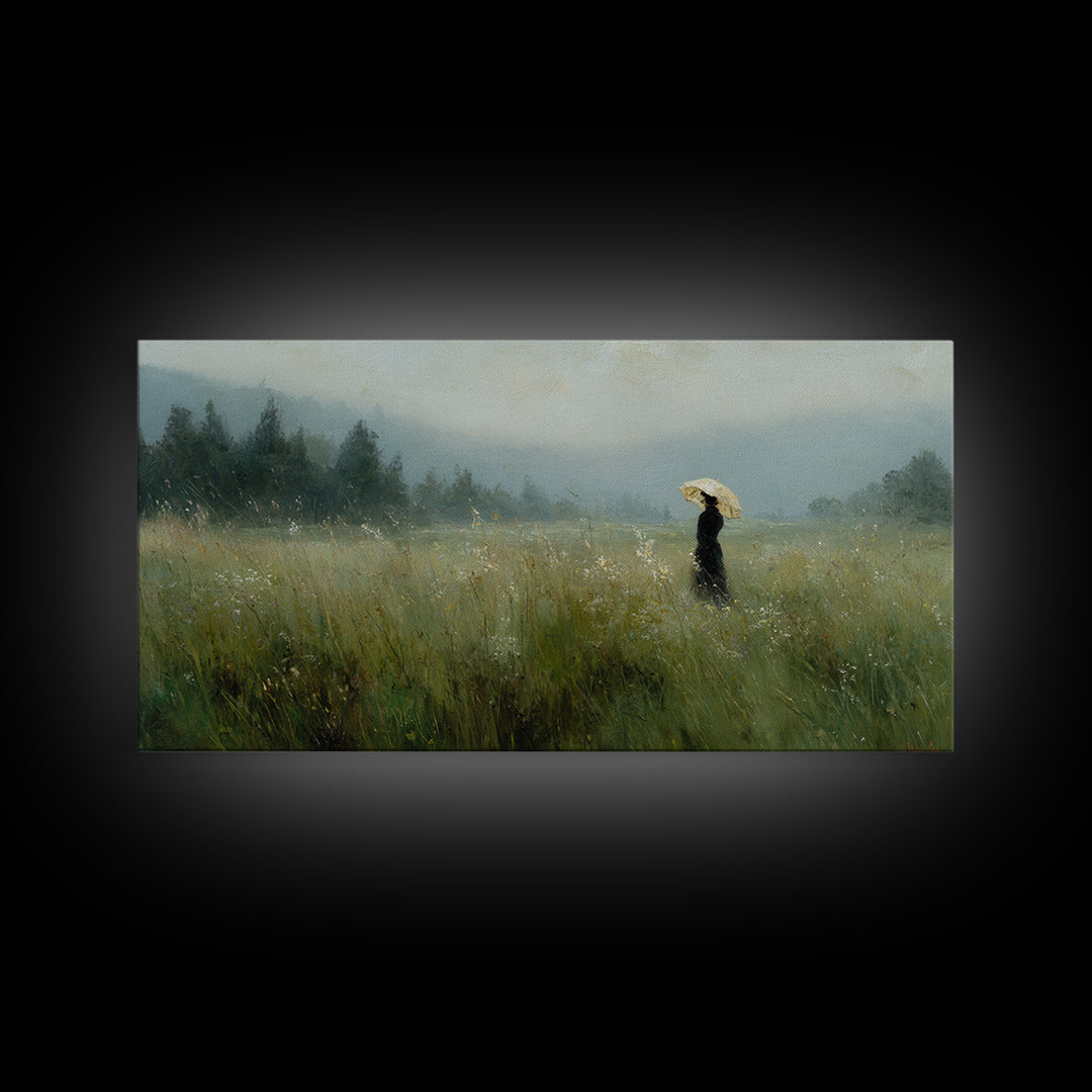 Woman with Parasol in Breezy Meadow Canvas Print, Impressionist Art, Horizontal Wall Art, Living Room Decor, Oil Painting, IMP-2x1-47