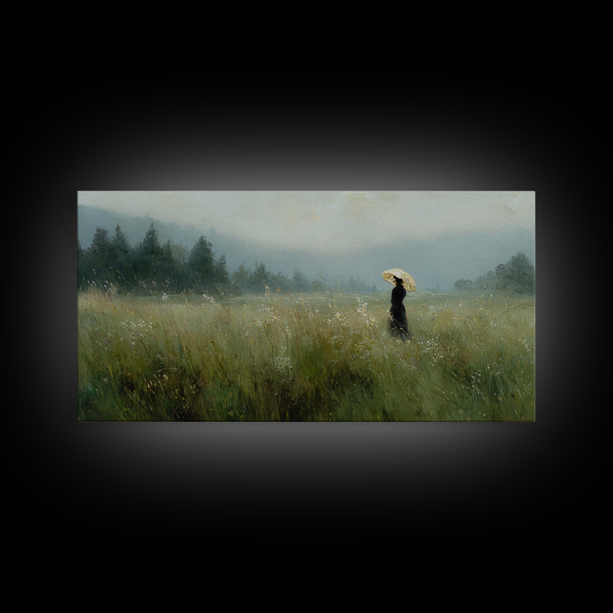 Woman with Parasol in Breezy Meadow Canvas Print, Impressionist Art, Horizontal Wall Art, Living Room Decor, Oil Painting, IMP-2x1-47
