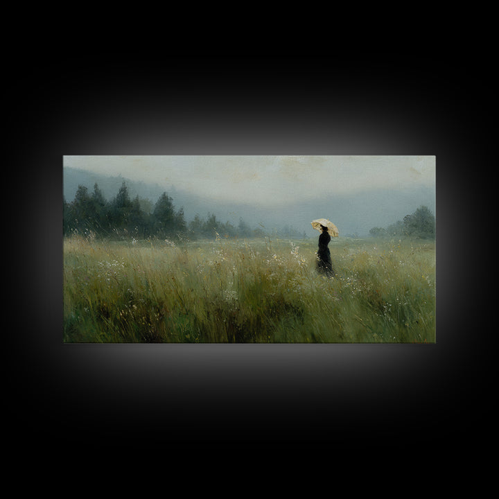 Woman with Parasol in Breezy Meadow Canvas Print, Impressionist Art, Horizontal Wall Art, Living Room Decor, Oil Painting, IMP-2x1-47