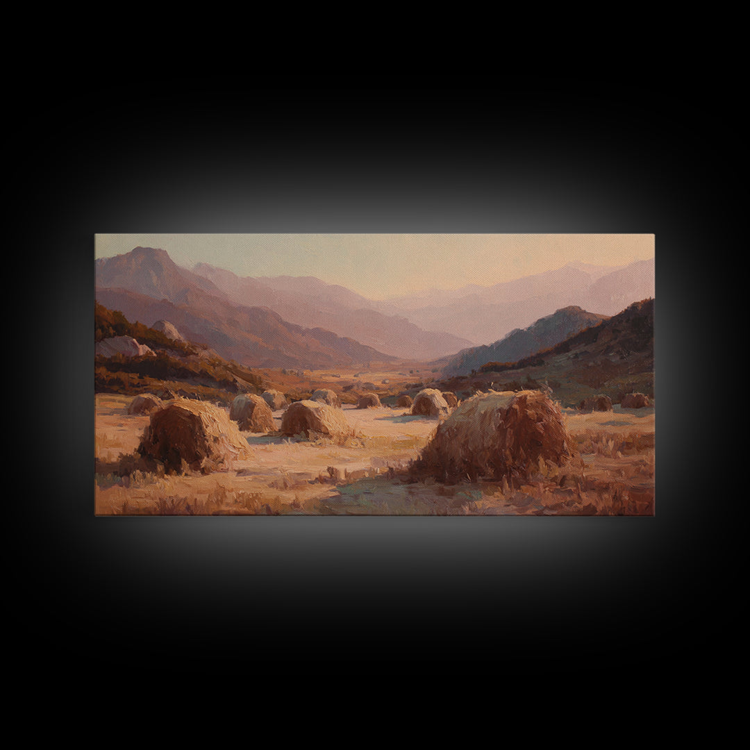 Haystacks Glowing at Golden Hour Canvas Print, Impressionist Art, Art Print, Living Room Decor, Fine Art, Impression, IMP-2x1-48