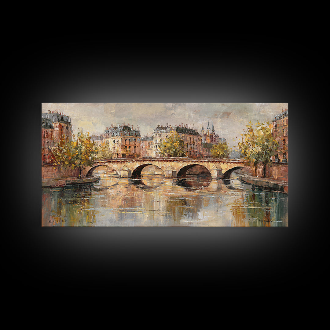 Paris Bridge Reflected Framed Canvas Print, Impressionist Art, Wall Art Framed, Living Room Decor, Watercolor Art, Impression, IMP-2x1-51