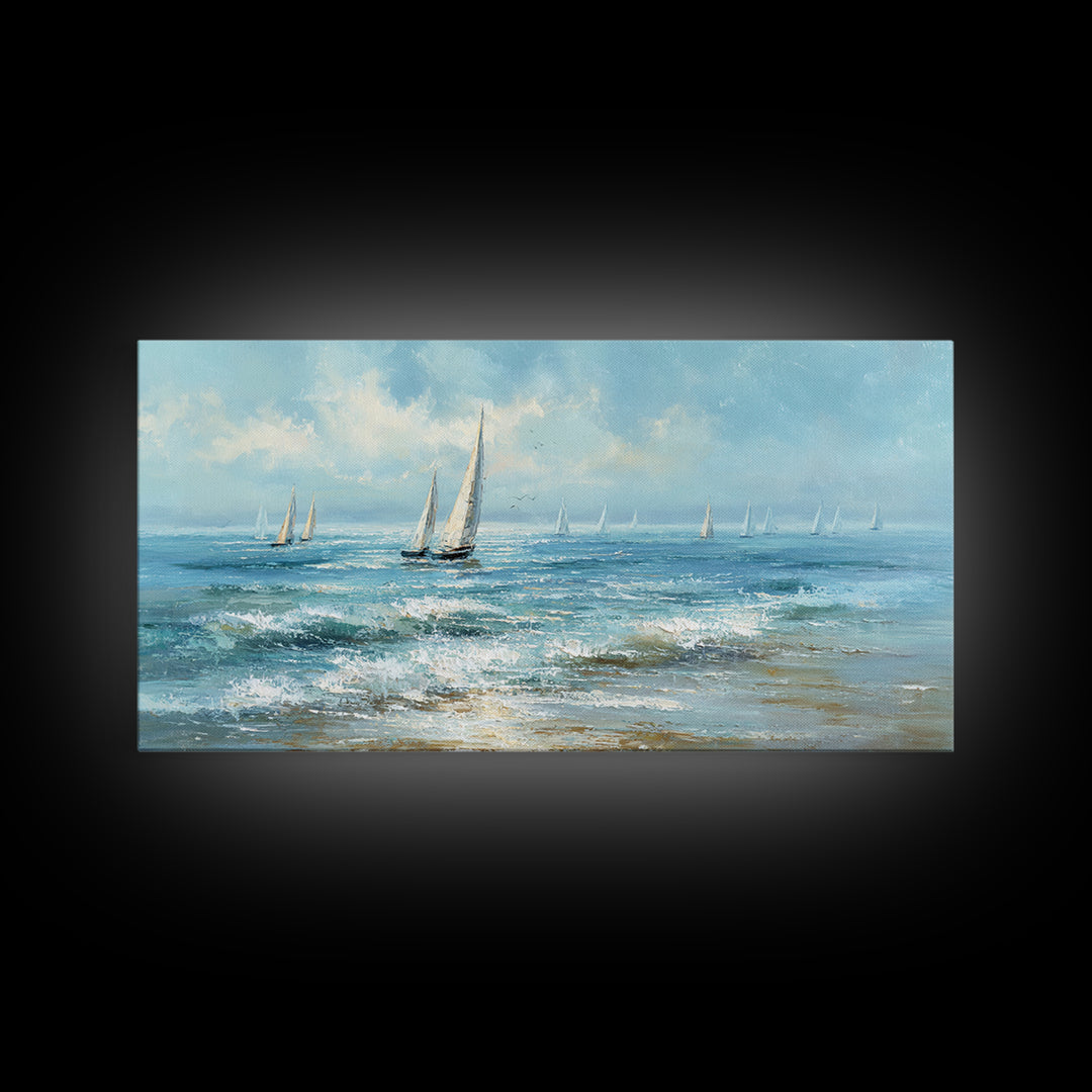 Sailboats on a Bright Sparkling Harbor Canvas Print, Impressionist Art, Horizontal Wall Art, Living Room Decor, Oil Painting, IMP-2x1-53