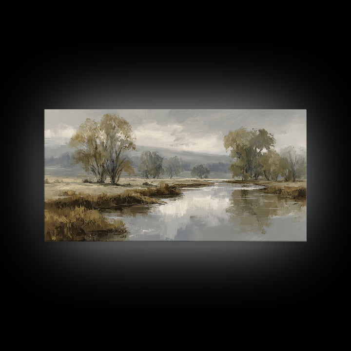 Misty Riverbank with Willow Trees Framed Canvas Print, Impressionist Art, Modern Wall Art, Living Room Decor, Impression, IMP-2x1-55
