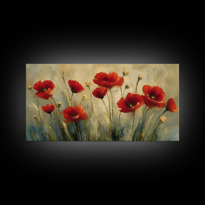 Poppies Blowing Through Green Grass Framed Canvas Print, Impressionist Art, Original Painting, Living Room Decor, Impression, IMP-2x1-56