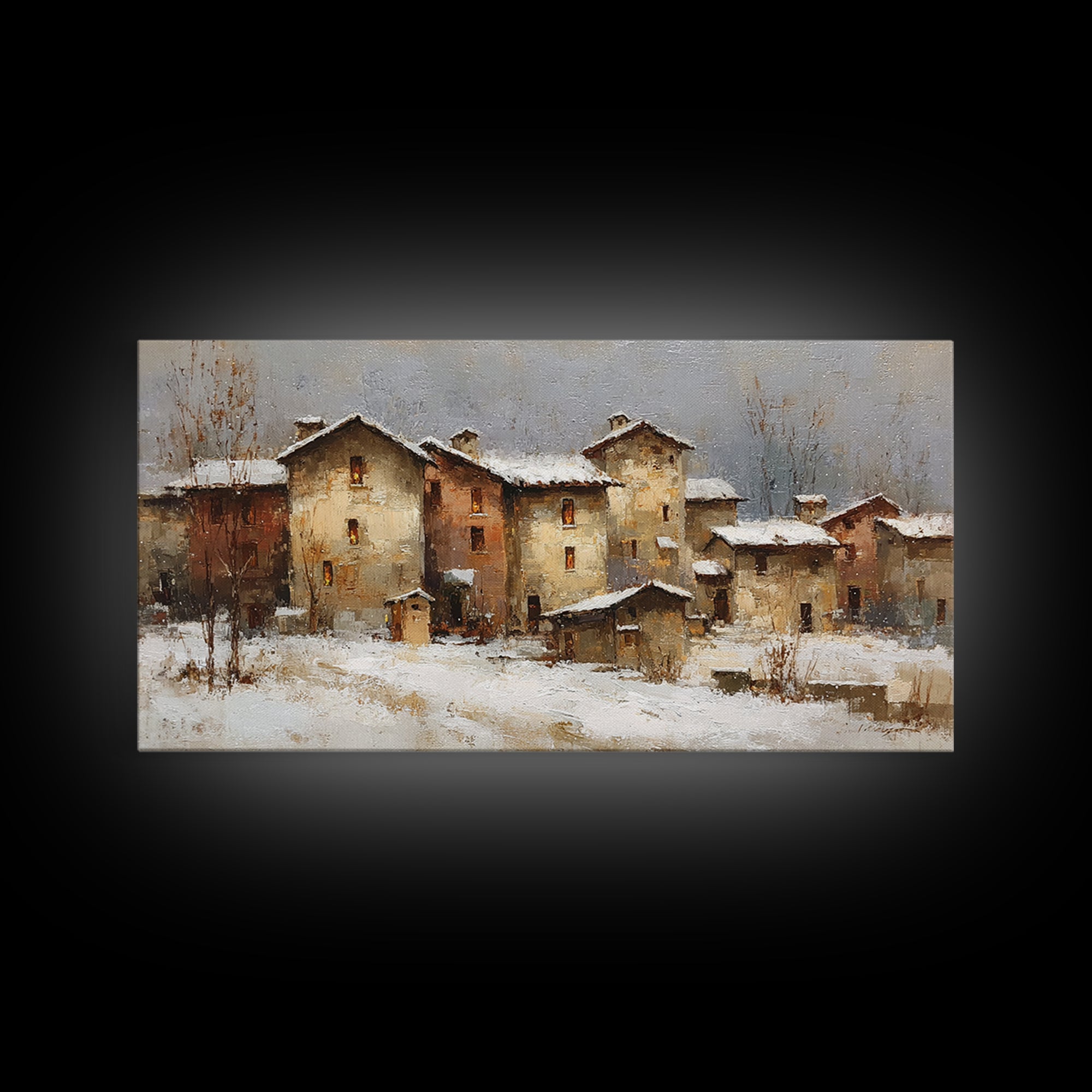 Snowy Village with Warm Glowing Windows Canvas Print, Impressionist Art, Bedroom Decor, Living Room Decor, Fine Art, Impression, IMP-2x1-57