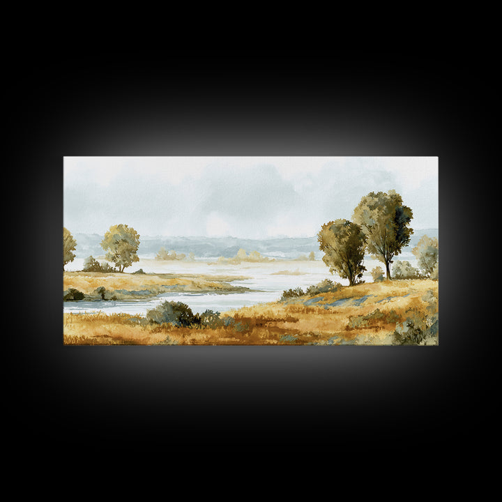 Misty Riverbank with Willow Trees Framed Canvas Print, Impressionist Art, Printable Wall Art, Living Room Decor, Impression, IMP-2x1-7