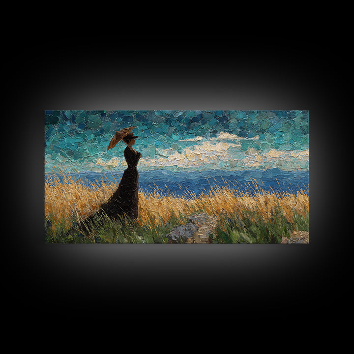 Woman with Parasol in Breezy Meadow Canvas Print, Impressionist Art, Landscape Art, Living Room Decor, Fine Art, Impression, IMP-2x1-71