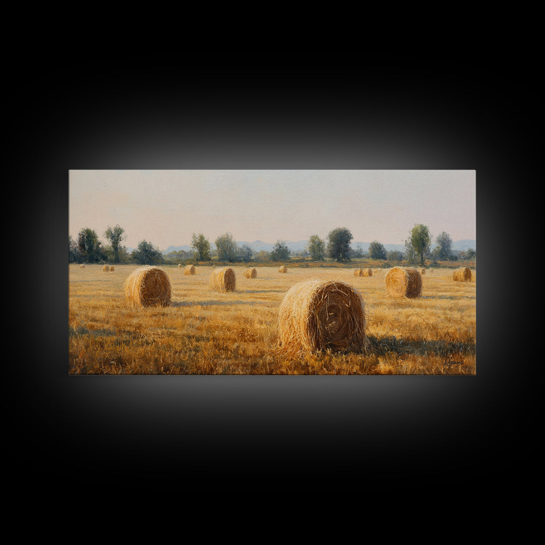 Haystacks Glowing at Golden Hour Framed Canvas Print, Impressionist Art, Bedroom Decor, Living Room Decor, Fine Art, Impression, IMP-2x1-72