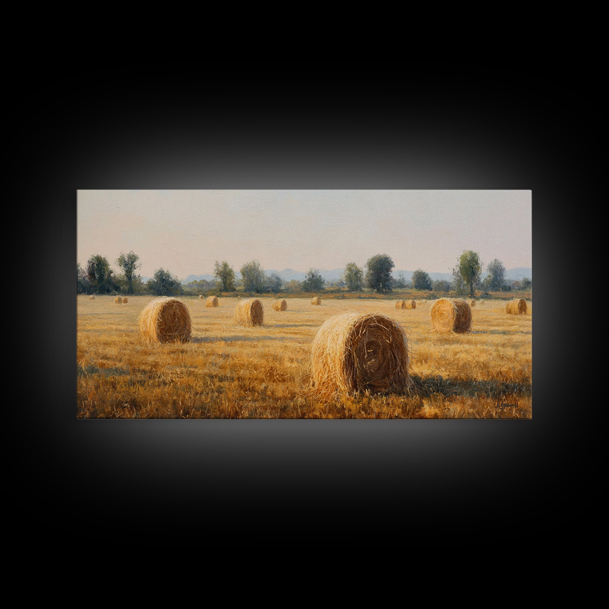 Haystacks Glowing at Golden Hour Framed Canvas Print, Impressionist Art, Bedroom Decor, Living Room Decor, Fine Art, Impression, IMP-2x1-72