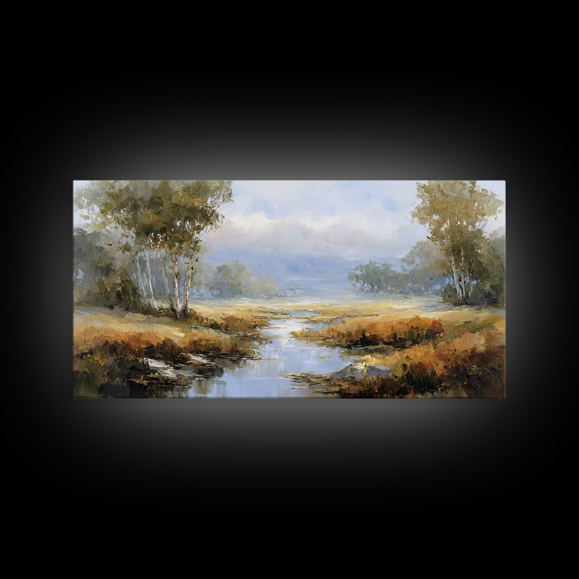 Misty Riverbank with Willow Trees Framed Canvas Print, Impressionist Art, Flower Print, Living Room Decor, Fine Art, Impression, IMP-2x1-79