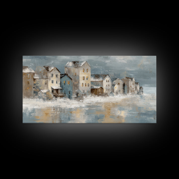 Snowy Village with Warm Glowing Windows Canvas Print, Impressionist Art, Wall Art Framed, Living Room Decor, Impression, IMP-2x1-81