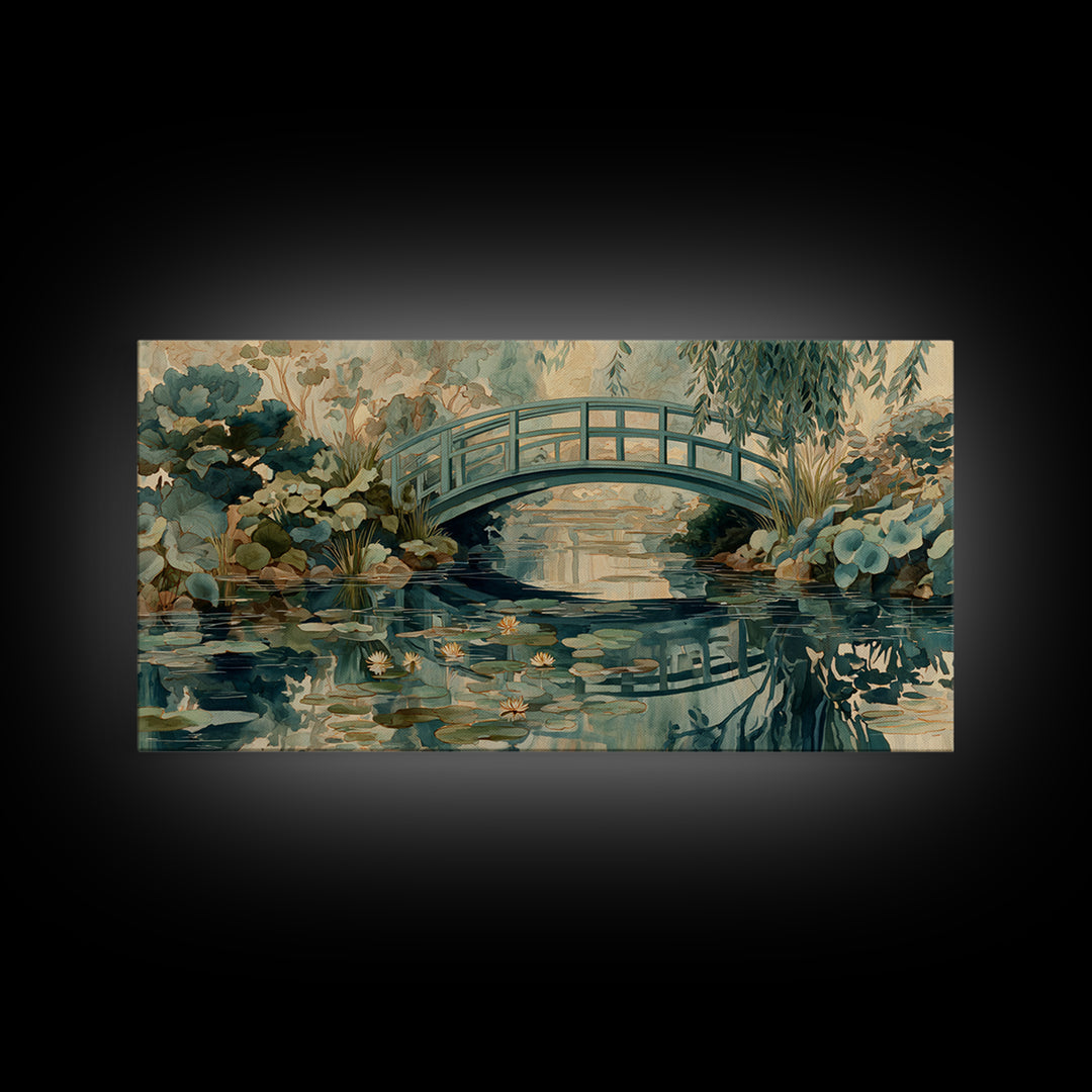 Water Garden Bridge Framed Canvas Print, Impressionist Art, Original Painting, Living Room Decor, Fine Art, Impression, IMP-2x1-86