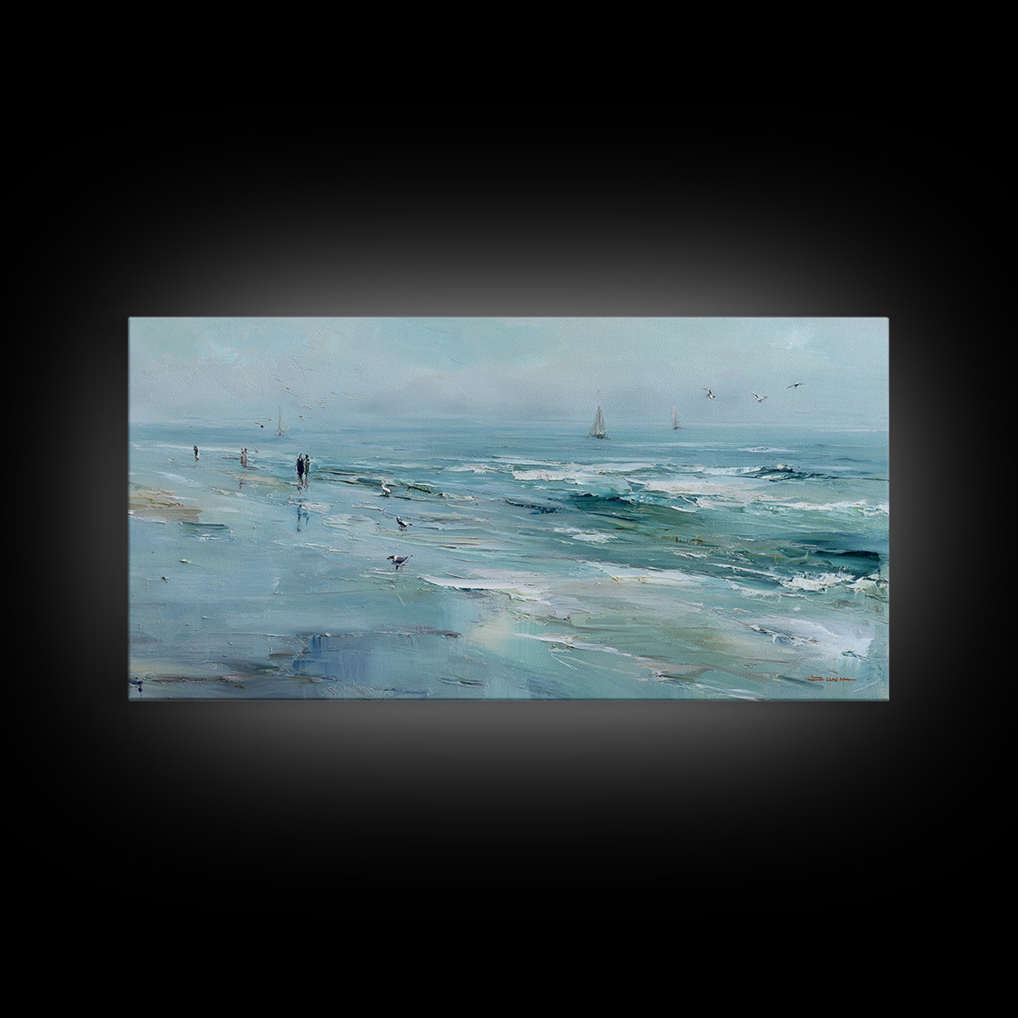 Coastal Beach Figures Framed Canvas Print, Impressionist Art, Gallery Wall Art, Living Room Decor, Oil Painting, Impression, IMP-2x1-87