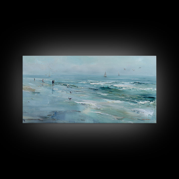 Coastal Beach Figures Framed Canvas Print, Impressionist Art, Gallery Wall Art, Living Room Decor, Oil Painting, Impression, IMP-2x1-87