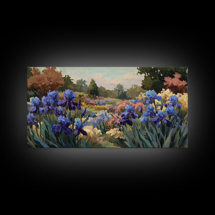 Iris Garden with Blue Violet Strokes Framed Canvas Print, Impressionist Art, Living Room Decor, Watercolor Art, Impression, IMP-2x1-88