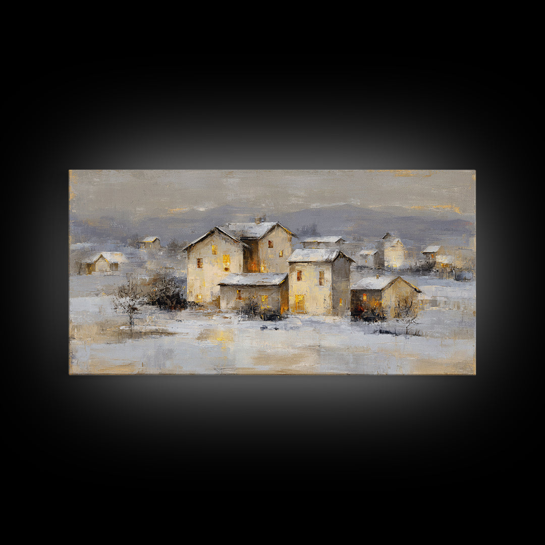 Snowy Village with Warm Glowing Windows Framed Canvas Print, Impressionist Art, Art Print, Living Room Decor, Impression, IMP-2x1-9