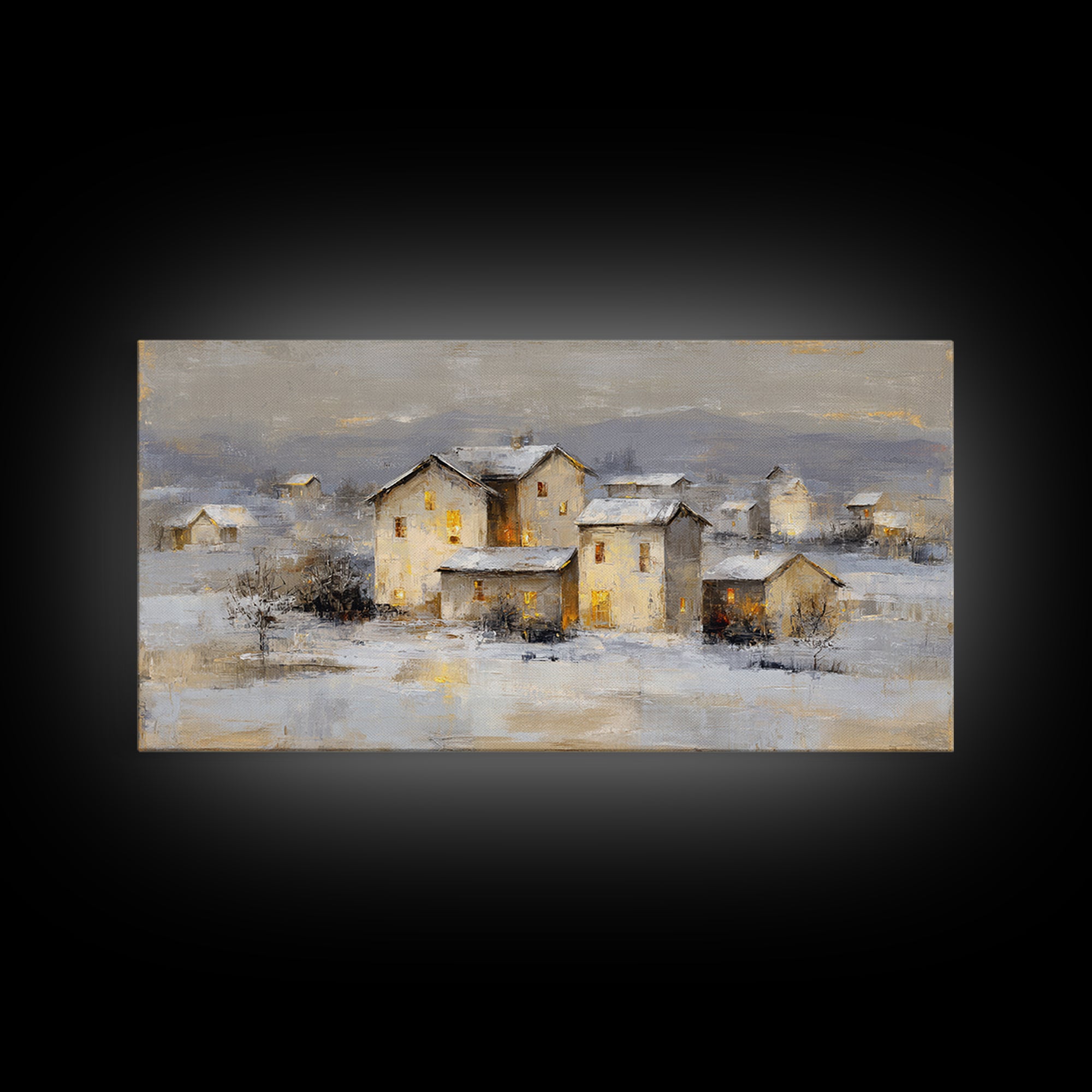 Snowy Village with Warm Glowing Windows Framed Canvas Print, Impressionist Art, Art Print, Living Room Decor, Impression, IMP-2x1-9