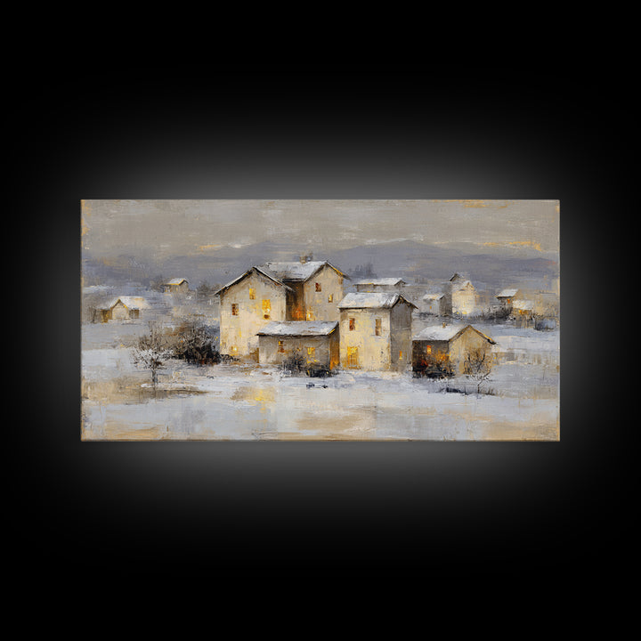 Snowy Village with Warm Glowing Windows Framed Canvas Print, Impressionist Art, Art Print, Living Room Decor, Impression, IMP-2x1-9