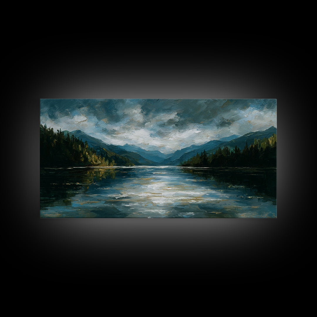 Mountain Lake with Sparkling Reflections Canvas Print, Impressionist Art, Horizontal Wall Art, Living Room Decor, Impression, IMP-2x1-92