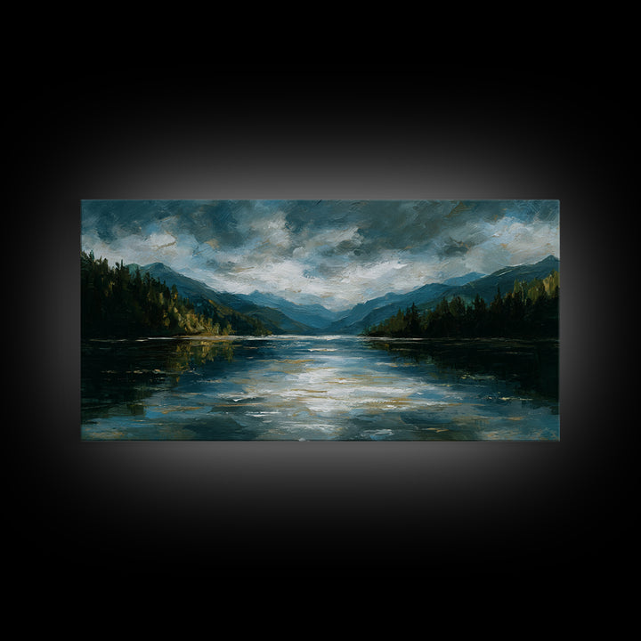 Mountain Lake with Sparkling Reflections Canvas Print, Impressionist Art, Horizontal Wall Art, Living Room Decor, Impression, IMP-2x1-92