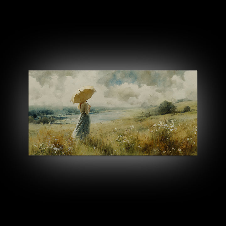 Woman with Parasol in Breezy Meadow Framed Canvas Print, Impressionist Art, Neutral Decor, Living Room Decor, Impression, IMP-2x1-95