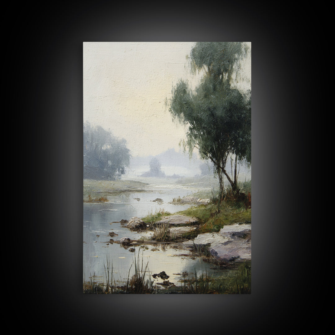 Misty Riverbank with Willow Trees Framed Canvas Print, Impressionist Art, Contemporary Art, Living Room Decor, Impression, IMP-2x3-19