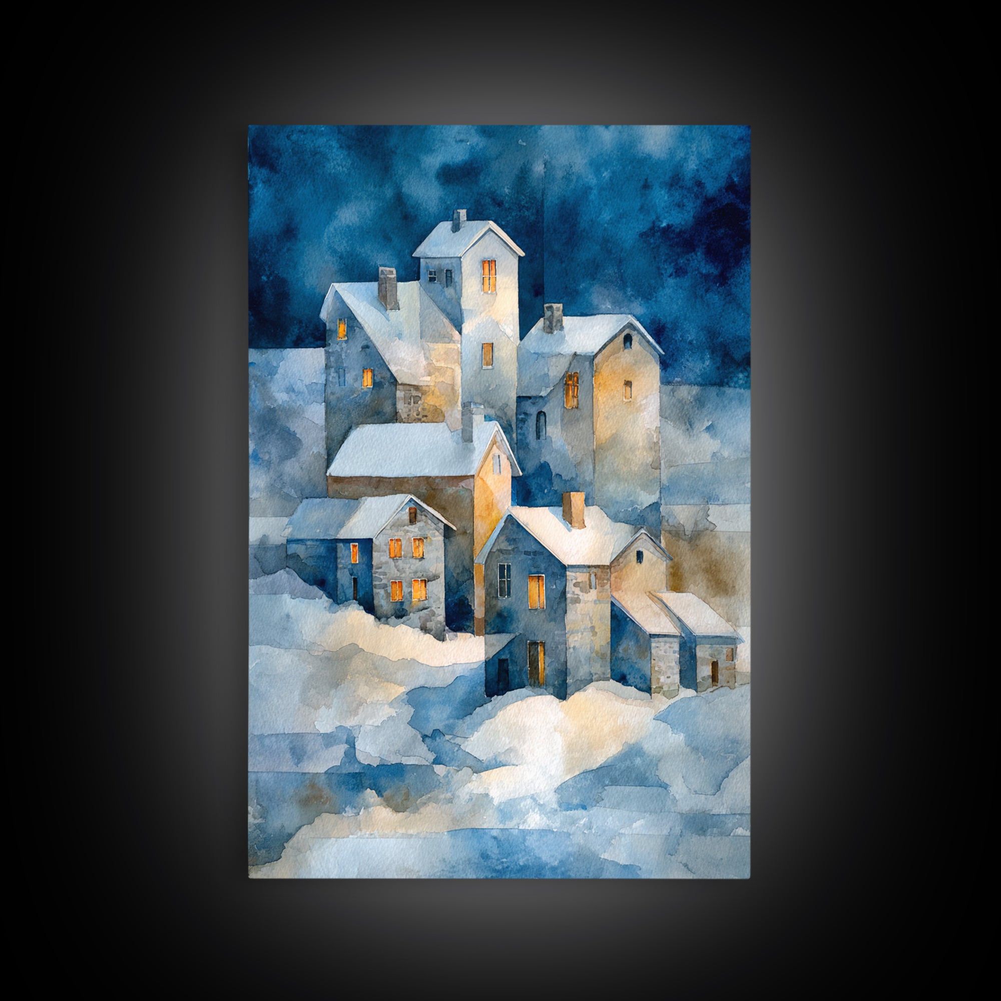 Snowy Village with Warm Glowing Windows Framed Canvas Print, Impressionist Art, Oil Painting, Living Room Decor, Impression, IMP-2x3-21