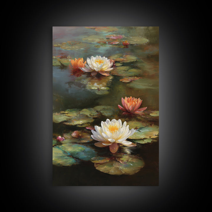 Water Lilies Floating on a Sunlit Pond Canvas Print, Impressionist Art, Wall Art Framed, Living Room Decor, Impression, IMP-2x3-33