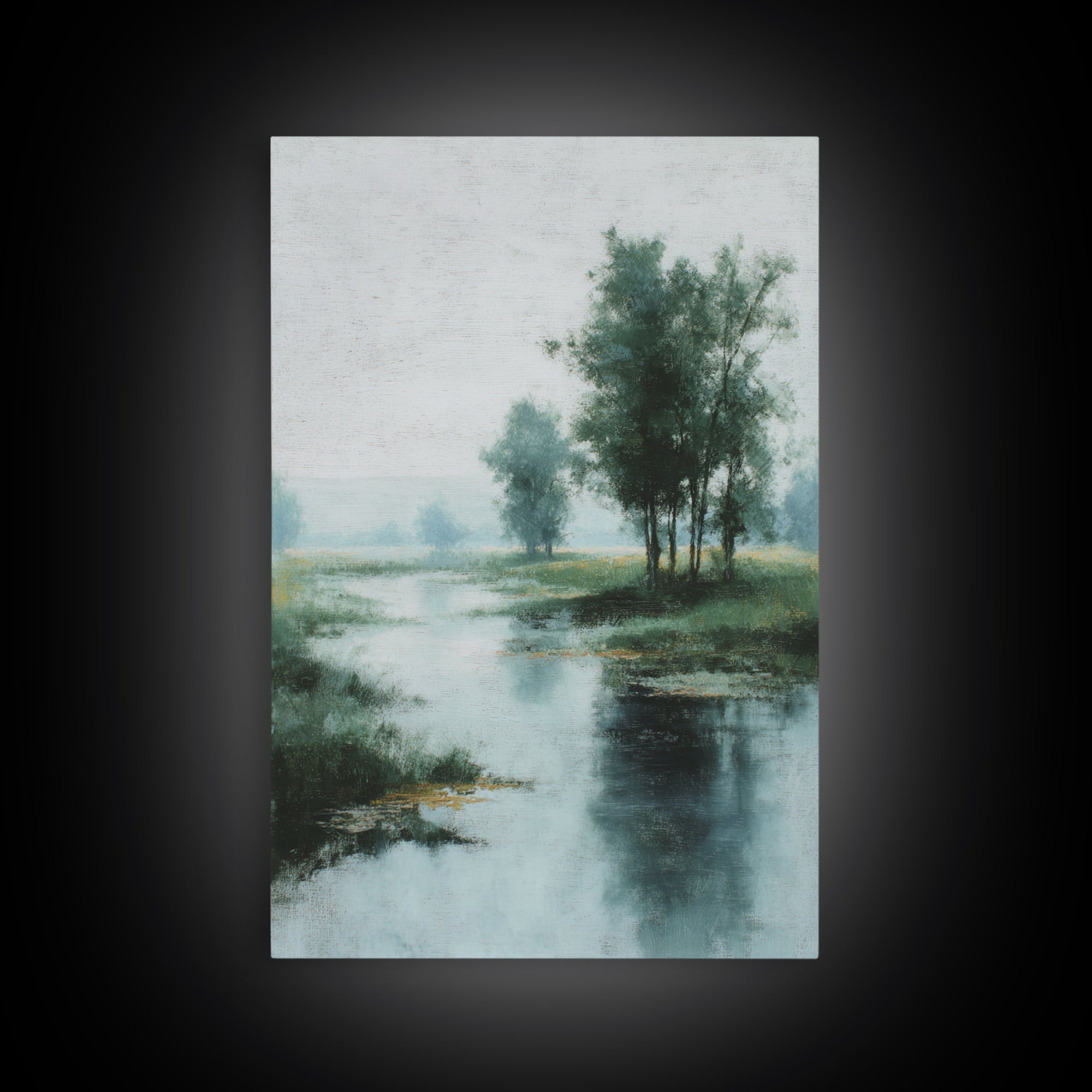 Misty Riverbank with Willow Trees Framed Canvas Print, Impressionist Art, Textured Wall Art, Living Room Decor, Impression, IMP-2x3-43