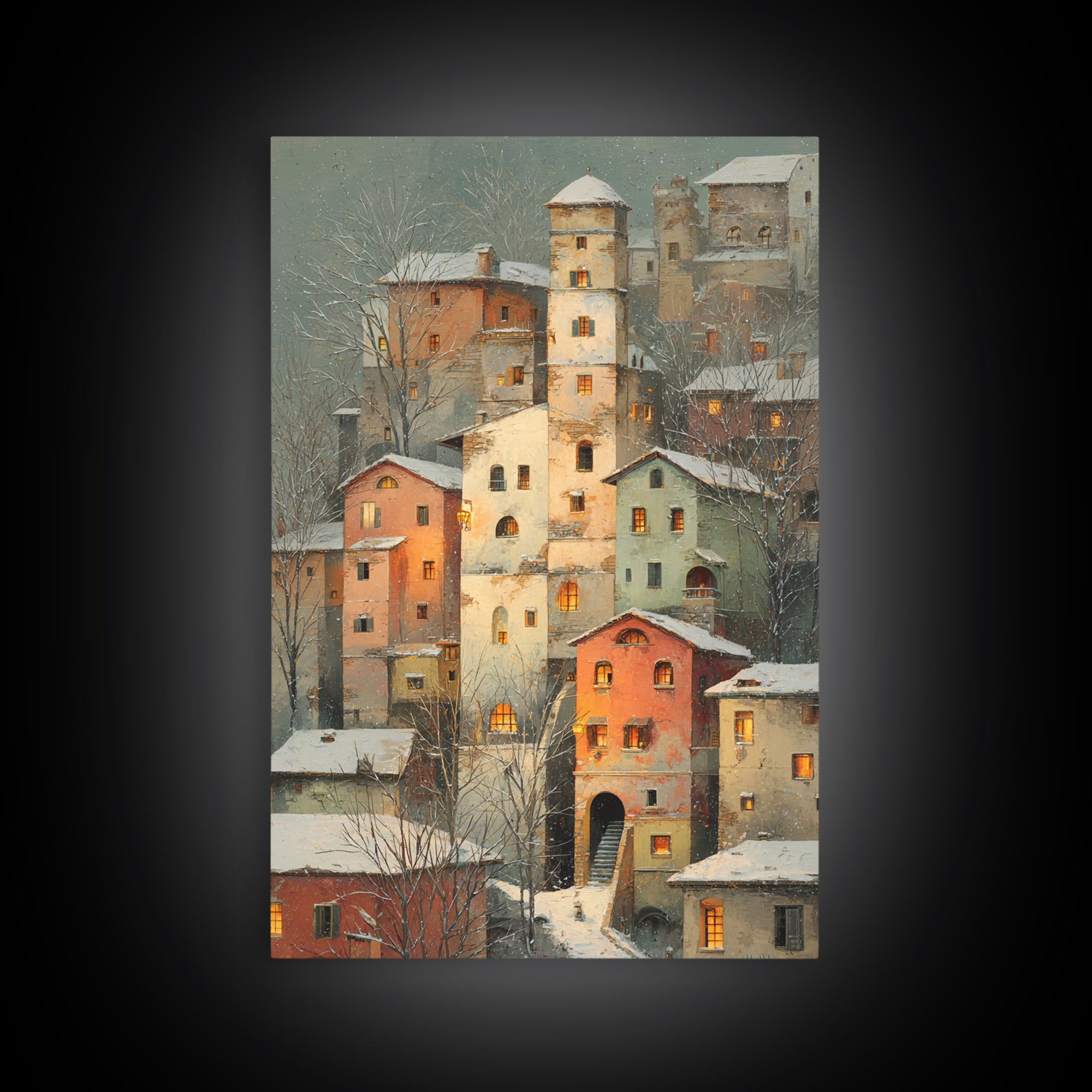 Snowy Village with Warm Glowing Windows Canvas Print, Impressionist Art, Farmhouse Decor, Living Room Decor, Impression, IMP-2x3-45