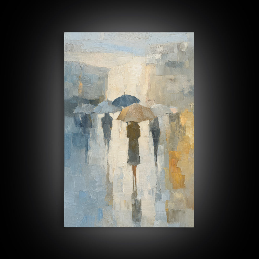Rainy Boulevard with Umbrella Shapes Canvas Print, Impressionist Art, Horizontal Wall Art, Living Room Decor, Impression, IMP-2x3-53