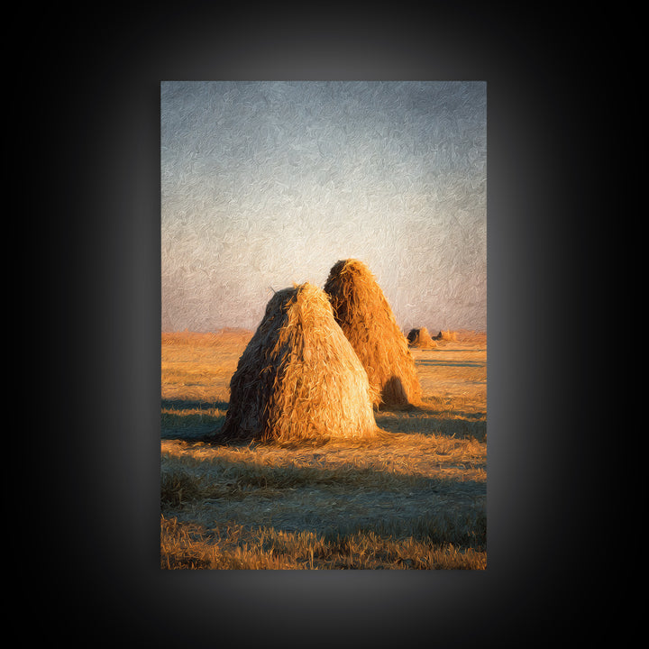 Haystacks Glowing at Golden Hour Framed Canvas Print, Impressionist Art, Bedroom Decor, Living Room Decor, Fine Art, Impression, IMP-2x3-60