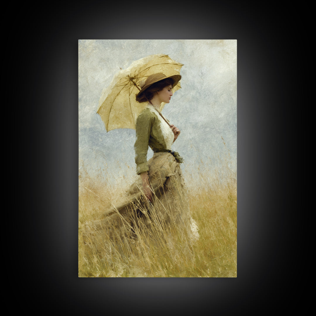 Woman with Parasol in Breezy Meadow Framed Canvas Print, Impressionist Art, Landscape Art, Living Room Decor, Impression, IMP-2x3-83