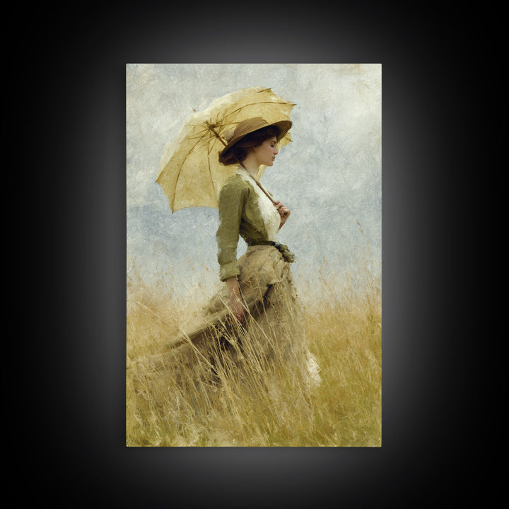 Woman with Parasol in Breezy Meadow Framed Canvas Print, Impressionist Art, Landscape Art, Living Room Decor, Impression, IMP-2x3-83