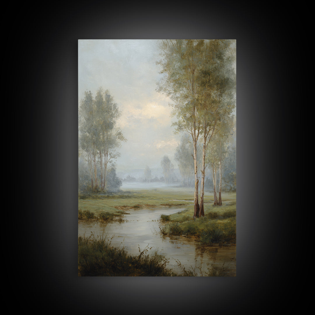 Misty Riverbank with Willow Trees Canvas Print, Impressionist Art, Flower Print, Living Room Decor, Fine Art, Impression, IMP-2x3-91