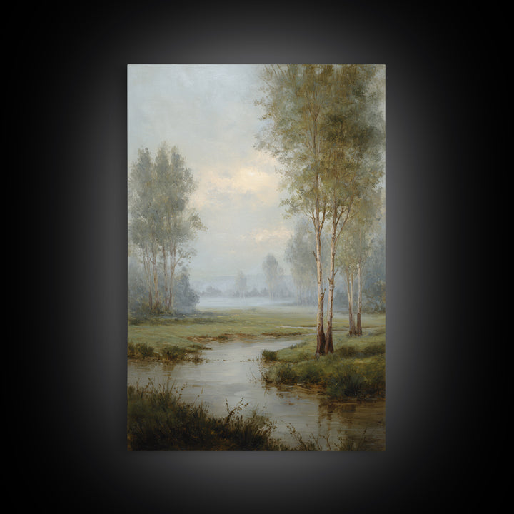 Misty Riverbank with Willow Trees Canvas Print, Impressionist Art, Flower Print, Living Room Decor, Fine Art, Impression, IMP-2x3-91