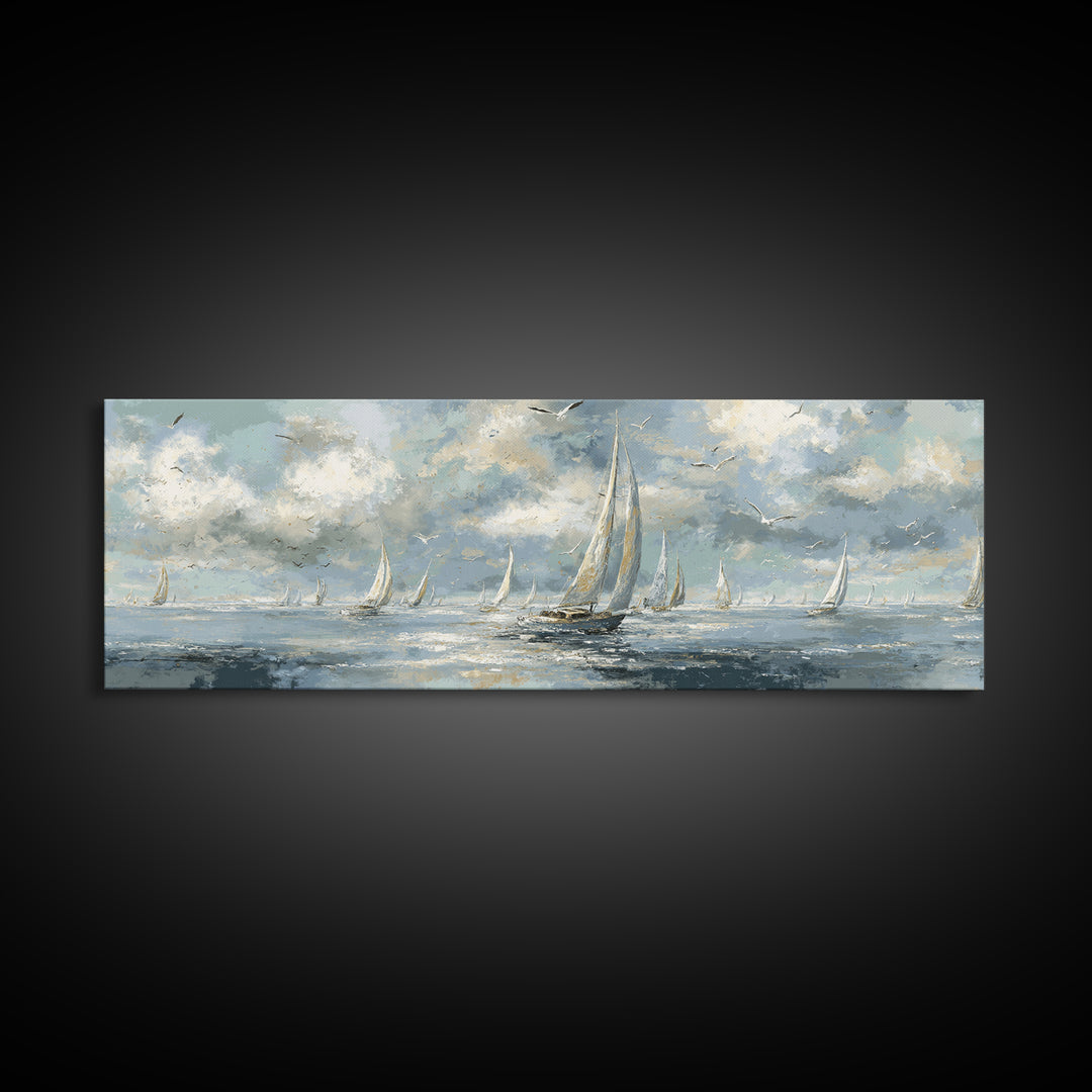 Sailboats on a Bright Sparkling Harbor Canvas Print, Impressionist Art, Abstract Painting, Living Room Decor, Impression, IMP-3x1-1