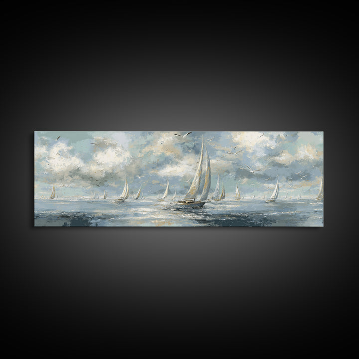 Sailboats on a Bright Sparkling Harbor Canvas Print, Impressionist Art, Abstract Painting, Living Room Decor, Impression, IMP-3x1-1
