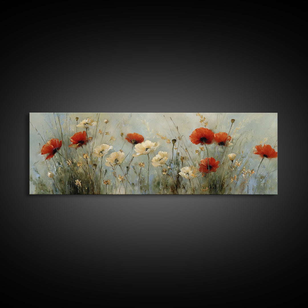 Poppies Blowing Through Green Grass Canvas Print, Impressionist Art, Living Room Decor, Abstract Art, Impression, IMP-3x1-100