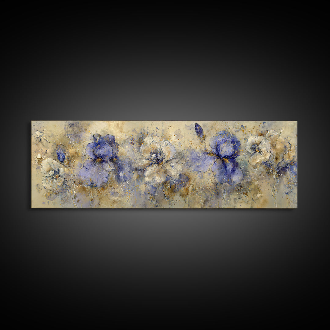 Iris Garden with Blue Violet Strokes Framed Canvas Print, Impressionist Art, Landscape Wall Art, Living Room Decor, Impression, IMP-3x1-12