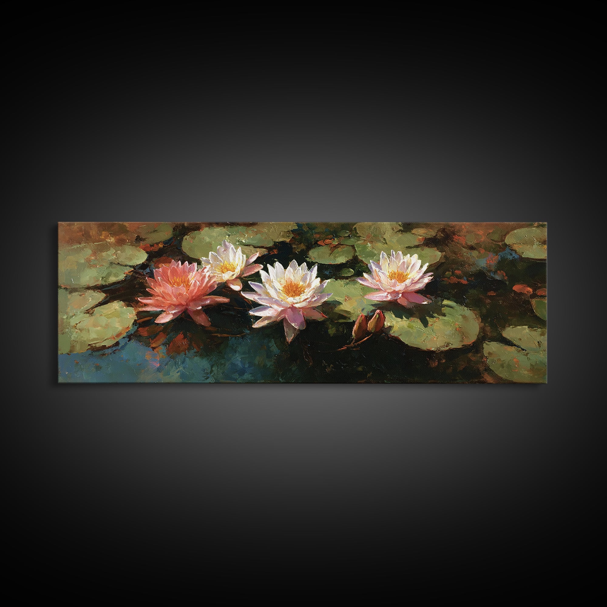 Water Lilies Floating on a Sunlit Pond Framed Canvas Print, Impressionist Art, Gallery Wall Art, Living Room Decor, Impression, IMP-3x1-17