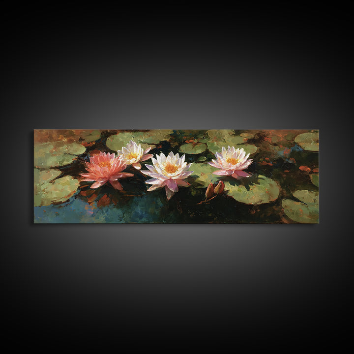 Water Lilies Floating on a Sunlit Pond Framed Canvas Print, Impressionist Art, Gallery Wall Art, Living Room Decor, Impression, IMP-3x1-17