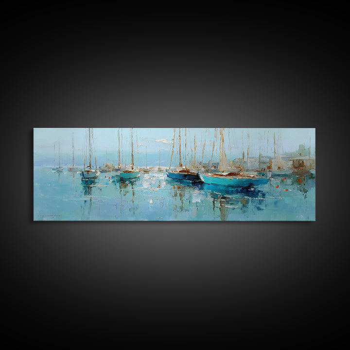 Sailboats on a Bright Sparkling Harbor Canvas Print, Impressionist Art, Landscape Art, Living Room Decor, Abstract Art, IMP-3x1-25