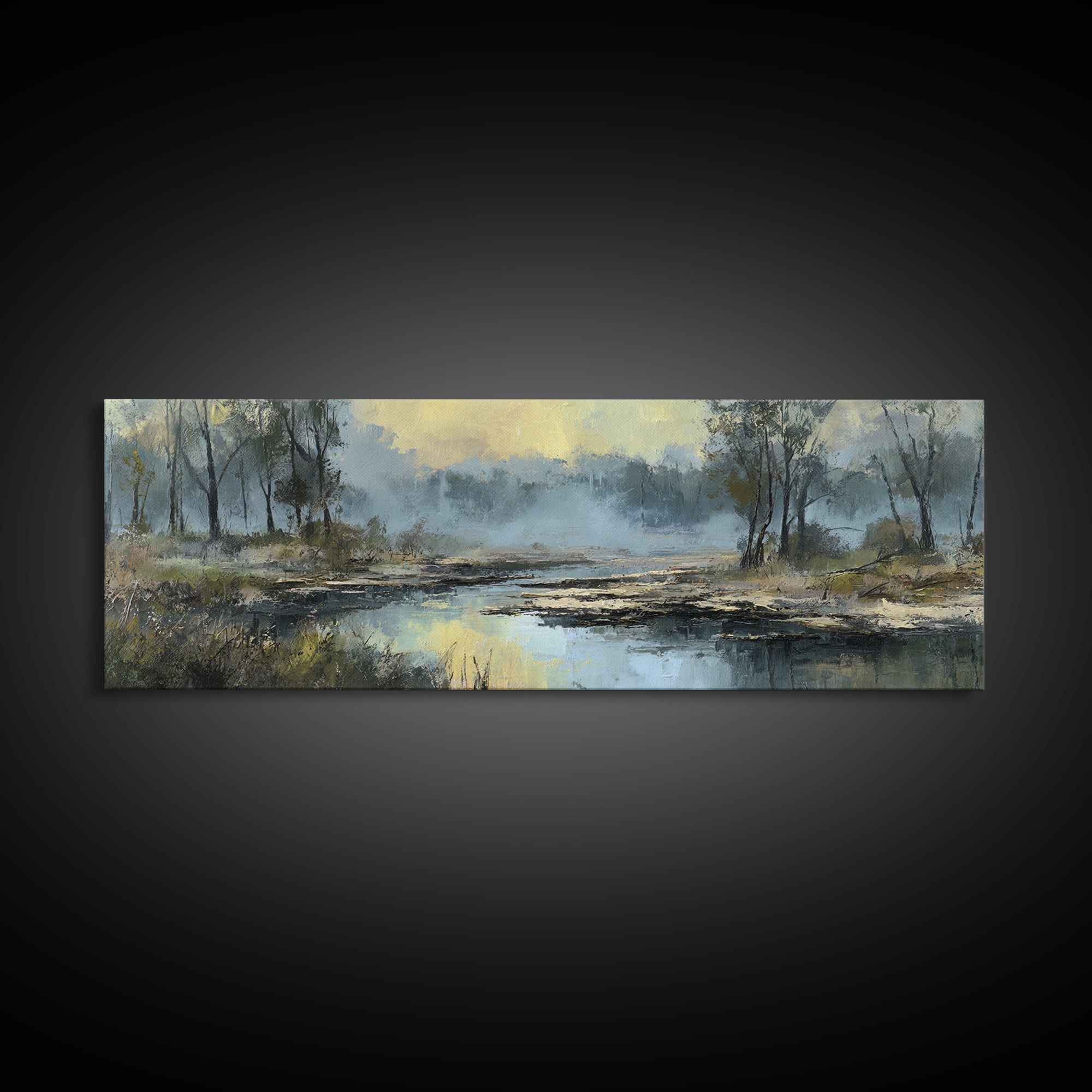 Misty Riverbank with Willow Trees Framed Canvas Print, Impressionist Art, Textured Painting, Living Room Decor, Impression, IMP-3x1-27