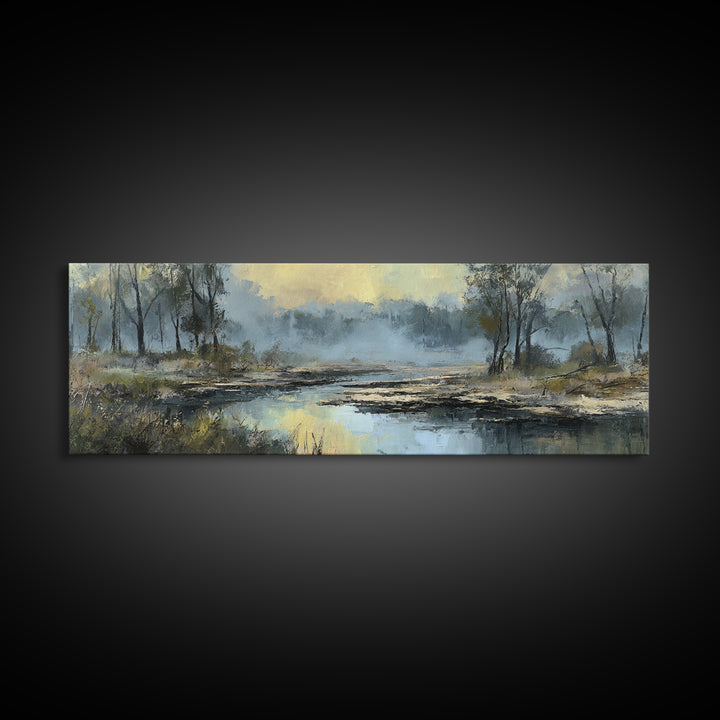 Misty Riverbank with Willow Trees Framed Canvas Print, Impressionist Art, Textured Painting, Living Room Decor, Impression, IMP-3x1-27