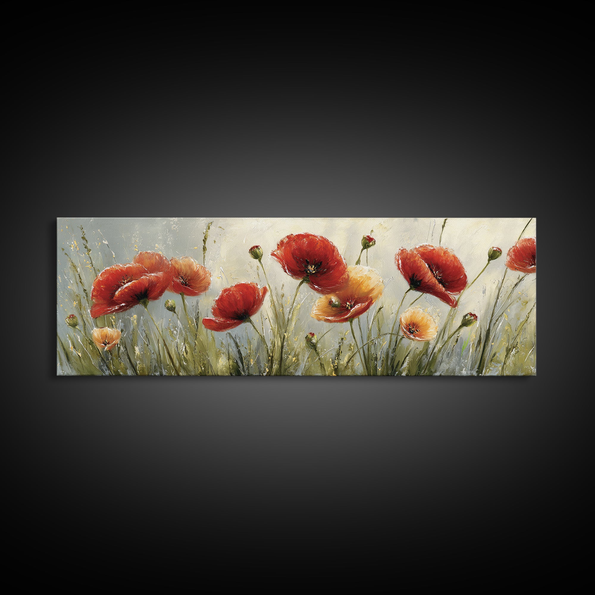 Poppies Blowing Through Green Grass Framed Canvas Print, Impressionist Art, Living Room Art, Living Room Decor, Oil Painting, IMP-3x1-28
