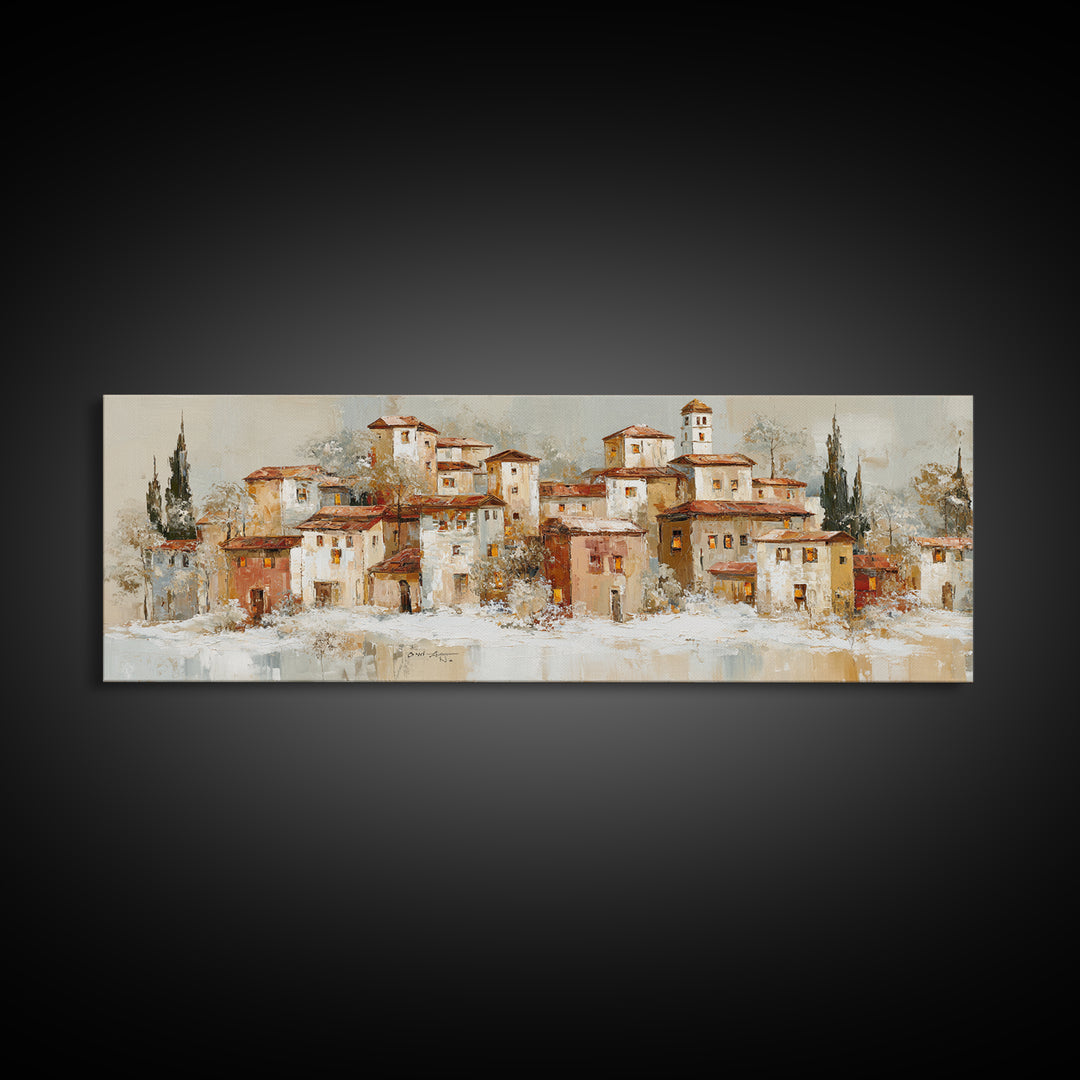 Snowy Village with Warm Glowing Windows Canvas Print, Impressionist Art, Floral Wall Art, Living Room Decor, Oil Painting, IMP-3x1-29