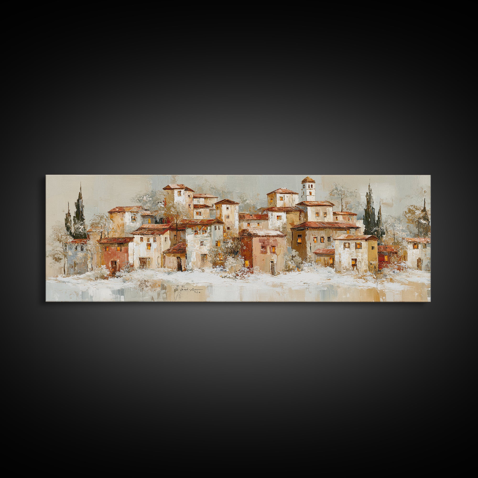Snowy Village with Warm Glowing Windows Canvas Print, Impressionist Art, Floral Wall Art, Living Room Decor, Oil Painting, IMP-3x1-29