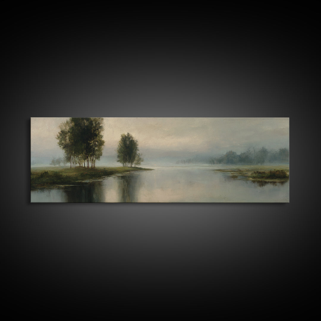 Misty Riverbank with Willow Trees Canvas Print, Impressionist Art, Fine Art Print, Living Room Decor, Fine Art, Impression, IMP-3x1-3