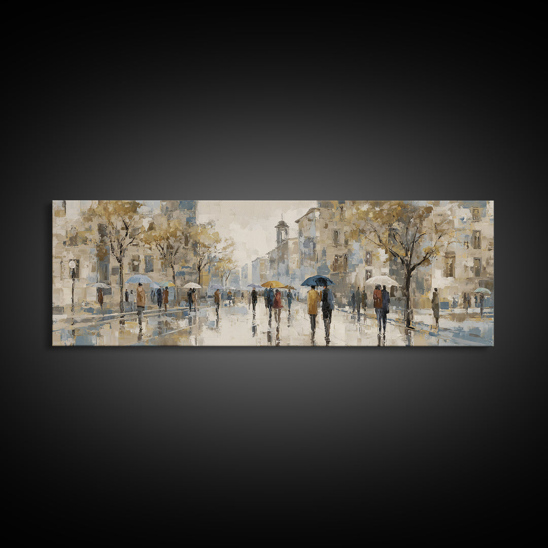 Rainy Boulevard with Umbrella Shapes Canvas Print, Impressionist Art, Landscape Painting, Living Room Decor, Impression, IMP-3x1-37